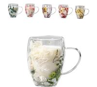 Générique Double Glass Flower Tea Cup,Clear Flower Insulated Coffee Mugs with Handle,Creative Clear Insulated Layer Dried Flower Cups Insulated Glass Cups (green)