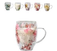 Générique Double Glass Flower Tea Cup,Clear Flower Insulated Coffee Mugs with Handle,Creative Clear Insulated Layer Dried Flower Cups Insulated Glass Cups (pink)
