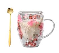 Générique Double Glass Flower Tea Cup,Handcrafted Clear Flower Coffee Mugs with Handle 350 ML,Creative Aesthetic Insulated Anti-Scalding Coffee Cups for Hot Beverages,Tea,Milk,Juice
