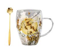 Générique Double Glass Flower Tea Cup,Handcrafted Clear Flower Coffee Mugs with Handle 350 ML,Creative Aesthetic Insulated Anti-Scalding Coffee Cups for Hot Beverages,Tea,Milk,Juice