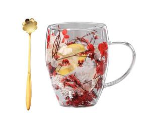 Générique Double Glass Flower Tea Cup,Handcrafted Clear Flower Coffee Mugs with Handle 350 ML,Creative Aesthetic Insulated Anti-Scalding Coffee Cups for Hot Beverages,Tea,Milk,Juice
