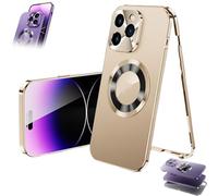 Générique Double-Sided Magnetic Phone Case, Magnetic Tempered Glass Double Sided for iPhone Case, MetalMagnetic Full-Cover Anti-Fall Mobile Phone Cases (Gold,16 Pro)