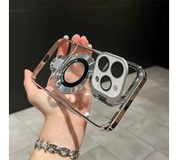 Générique Double Stand Case Cover for iPhone 13-16 Series, Simple Transparent Plating Lens Magnetic Stand Phone Case with HD Lens Film Protection (Silver,for iPhone13 Pro Max)