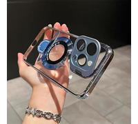 Générique Double Stand Case Cover for iPhone 13-16 Series, Simple Transparent Plating Lens Magnetic Stand Phone Case with HD Lens Film Protection (Blue,for iPhone16 Pro)