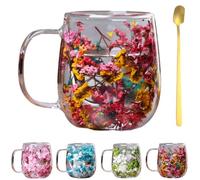 Générique Double Transparent Glass Flower Tea Cup,Insulated Layer Dried Flower Coffee Cups with Handle,Creative Clear Heat Resistant Flowers Cup for Tea Milk Hot Cold Drinkers,Unique Gift Idea (Rose)