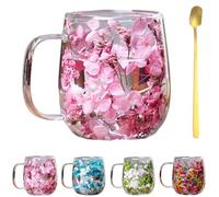 Générique Double Transparent Glass Flower Tea Cup,Insulated Layer Dried Flower Coffee Cups with Handle,Creative Clear Heat Resistant Flowers Cup for Tea Milk Hot Cold Drinkers,Unique Gift Idea (Pink)