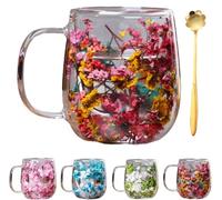 Générique Double Transparent Glass Flower Tea Cup,Insulated Layer Dried Flower Coffee Cups with Handle,Creative Clear Heat Resistant Flowers Cup for Unique Gift Idea,Tea Milk Hot Cold Drinkers (Rose)