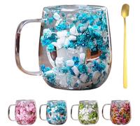 Générique Double Transparent Glass Flower Tea Cup,Insulated Layer Dried Flower Coffee Cups with Handle,Creative Clear Heat Resistant Flowers Cup for Tea Milk Hot Cold Drinkers,Unique Gift Idea (Blue)