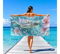 Générique Douces Accessoires Dessin animé Beach Towel Rêveur Fleur Tortue,Serviette de Bain Parfait pour Les Voyages Natation Piscine Drap de Plage 200 x 100,Bleu Rose