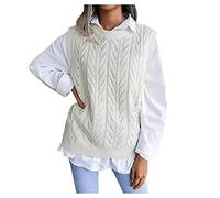 Générique Doudoune Noire Capuche couleur unie col rond pull en gilet câble tricoté sans manches à carreaux réservoirs Manteaux Élégants (White, M)