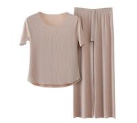 Générique Doux et Confortable Ice Silk t - Shirt à Manches Courtes Lot de Deux Pantalons Larges Jambes, Ensemble Pyjama pour Femmes, t - Shirt Large Jambes Pantalons Larges Lot de Deux
