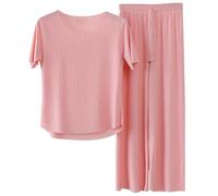 Générique Doux et Confortable Ice Silk t - Shirt à Manches Courtes Lot de Deux Pantalons Larges Jambes, Ensemble Pyjama pour Femmes, t - Shirt Large Jambes Pantalons Larges Lot de Deux