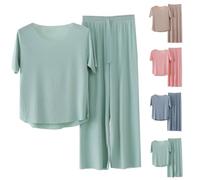 Générique Doux et Confortable Ice Silk t - Shirt à Manches Courtes Lot de Deux Pantalons Larges Jambes, Ensemble Pyjama pour Femmes, t - Shirt Large Jambes Pantalons Larges Lot de Deux