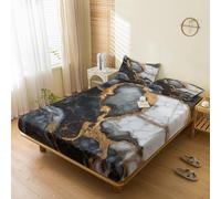 Générique Drap Housse 140x190 Marbre, avec 2 Taies d'oreiller 65x65 - Parure de Lit Motif Noir Blanc Gris Doré Moderne, Decoration Chambre, 2 Personnes, Bonnet 30, Microfibre Doux - SWE5406
