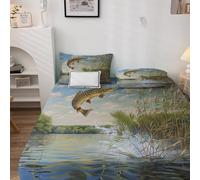 Générique Drap Housse 140x190 Pike Bass Big Poisson, avec 2 Taies d'oreiller 65x65 - Parure de Lit Motif Pêche et Chasse Ocean, Decoration Chambre, 2 Personnes, Bonnet 30, Microfibre Doux - SWE4435