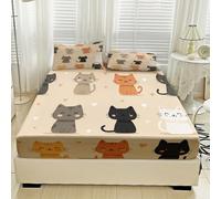 Générique Drap Housse 160 x 200 Chat, avec 2 Taies d'oreiller 65x65 - Parure de Lit Motif Chaton Mignon Dessin Animé, Decoration Chambre, 2 Personnes, Bonnet 30, Microfibre Doux - SWE6982
