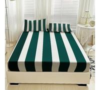 Générique Drap Housse 160 x 200 Rayures Vert Bonnet 30cm, 2 Personnes, Motif Rayé, Decoration Chambre, Parure de Lit en Microfibre Doux avec 2 Taies d'oreiller 65x65 S62
