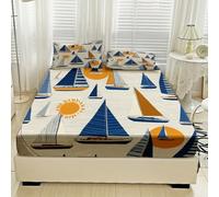 Générique Drap Housse 160 x 200 Voilier, avec 2 Taies d'oreiller 65x65 - Parure de Lit Motif Nautique Côtiere, Decoration Chambre, 2 Personnes, Bonnet 30, Microfibre Doux - SWE6930