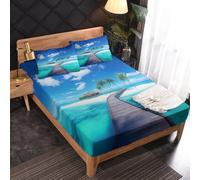 Générique Drap Housse 180 x 190 Mer, 2 Personnes, Motif Hawaii Océan Paysage, Parure de Lit Microfibre Doux, Bonnet 30 cm, 2 Taie d'oreiller 65x65, Decoration & Cadeau - OC107
