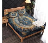 Générique Drap Housse 180 x 190 Soleil et Lune, 2 Personnes, Motif Art Doré, Parure de Lit Microfibre Doux, Bonnet 30 cm, 2 Taie d'oreiller 65x65, Decoration & Cadeau - WA778