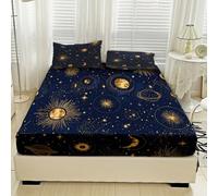 Générique Drap Housse 180x200 Soleil Lune Étoile, avec 2 Taies d'oreiller 65x65 - Parure de Lit Motif Bleu Marine Céleste, Decoration Chambre, 2 Personnes, Bonnet 30, Microfibre Doux - SWE7045