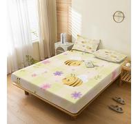 Générique Drap Housse 90x190 Abeille, avec 1 Taie d'oreiller 65x65 - Parure de Lit Motif Abeille Fleurie Kawaii, Decoration Chambre, 1 Personne, Bonnet 30, Microfibre Doux - SWE5773