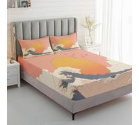 Générique Drap Housse 90x190 Japonais, avec 1 Taie d'oreiller 65x65 - Parure de Lit Motif Japon Grande Vague, Decoration Chambre, 1 Personne, Bonnet 30, Microfibre Doux - SWE5825