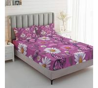 Générique Drap Housse 90x190 Papillon, avec 1 Taie d'oreiller 65x65 - Parure de Lit Motif Marguerite Violet, Decoration Chambre, 1 Personne, Bonnet 30, Microfibre Doux - SWE5716