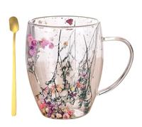 Générique Dried Flower Insulated Glass Coffee Mug,350ml Double Wall Clear Tea Cup,Creative Heat Resistant Non-Slip Cups with Ergonomic Handle for Tea,Family Use,Friends Gift,Home or Office (Purple)