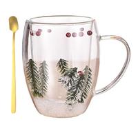 Générique Dried Flower Insulated Glass Coffee Mug,350ml Double Wall Clear Tea Cup,Creative Heat Resistant Non-Slip Cups with Ergonomic Handle for Tea,Family Use,Friends Gift,Home or Office (Green)