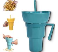 Générique Drink Cup with Snack Bowl, Cup Bowl Combo with Straw Leak Proof, Portable Mug Proof 2-in-1 Cups & Bowls Set with Straw, for Home, Cinema, Travel, Stadium (Blue)