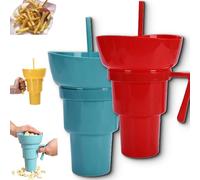 Générique Drink Cup with Snack Bowl, Cup Bowl Combo with Straw Leak Proof, Portable Mug Proof 2-in-1 Cups & Bowls Set with Straw, for Home, Cinema, Travel, Stadium (Red+Blue)