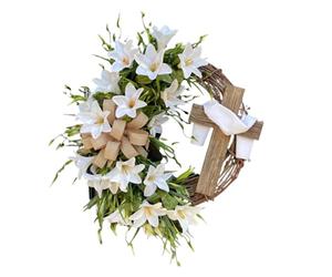Générique Easter Wreath - 280g PC White Lily Cross Holiday Decorations | 15.75x15.75x3.15 inches Front Door Wreath for Entryway Kitchen Bedroom Family Gathering Party Wedding