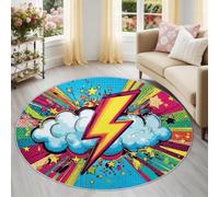 Générique Éclairs Nuages Étoiles Tapis Rond 160 cm, Lavable & Antidérapant, Classique Pop Art Tapis de Salon Doux Poil Ras pour Chambre & Bureau, Multicolore