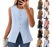 Générique Efficieint Women's Formal Button Round Neck Sleeveless Suit Vest, NEW Summer Sleeveless Blazer Vest For Women (Light blue,Grand)