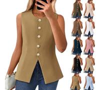 Générique Efficieint Women's Formal Button Round Neck Sleeveless Suit Vest, NEW Summer Sleeveless Blazer Vest For Women (Khaki,TP)