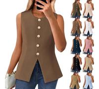 Générique Efficieint Women's Formal Button Round Neck Sleeveless Suit Vest, NEW Summer Sleeveless Blazer Vest For Women (Coffee,S)