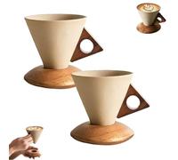Générique Elegant Conical Coffee Cup with Wooden Base, Vintage Conical Ceramic Coffee Mug With Wooden Handle And Base Saucer for Home (2Set)