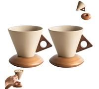Générique Elegant Conical Coffee Cup with Wooden Base, Vintage Striped Cone Shaped Coffee Mug with Wooden Handle, Solid Wood Triangle Handle Design, 250ml/8.45oz, for Home Office (2PCS)