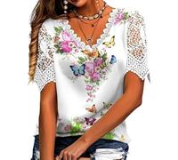 Générique Elegant Lace Trim Floral Butterfly Top-Women’s Summer V Neck Short Sleeve Breathable Shirt (Style 1,TTG)