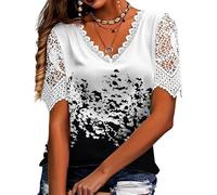 Générique Elegant Lace Trim Floral Butterfly Top-Women’s Summer V Neck Short Sleeve Breathable Shirt (Style 3,M)