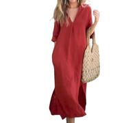 Générique Elegant V-Neck Slit Dress, Cotton and Linen V-Neck Midi Dress, Linen Dresses for Women 2025 (Red,3TG)