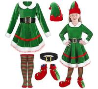 Générique Elfe de Noël Costume pour Enfants Costume Lutin de Noël pour Enfants Déguisement Elfe pour Filles Cosplay Vêtements avec Jupe, Ceinture, Chapeau, Chaussettes,Chaussures