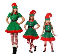 Générique Elfe de Noel Fille - Vert Costume Lutin Farceur de Noël Enfant Fille Ensemble Déguisement Elfe avec Robe Chapeau Chaussettes Ceinture, Idée Fête Cosplay