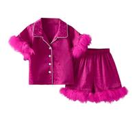 Générique Enfants Pyjama Ensembles 2 Pcs Satin Ensemble Deux pièces Tops Col Rond+Shorts Imprimé Fashion Mignon Dessin Animé Vêtement Petite Fille pour Tout-Petit Bébé