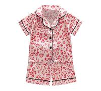 Générique Enfants Pyjamas Ensemble Pyjama Court Enfant Fille Vêtements de Nuit Ado Manches Courte Tops et Short Satin Soie Bouton Courtes imprimé Mignon pour Jeunes