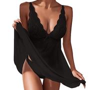 Générique Ensemble 2 Pièces de Nuit Femme en Dentelle et Tulle, Déshabillé Maison avec Robe à Bretelles et String, Vêtement Intime pour Nuit d’Amour, Pyjama Fin et Élégant en Été, Cadeau Romantique