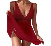 Générique Ensemble 2 Pièces de Nuit Femme en Dentelle et Tulle, Déshabillé Maison avec Robe à Bretelles et String, Vêtement Intime pour Nuit d’Amour, Pyjama Fin et Élégant en Été, Cadeau Romantique