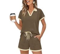 Générique Ensemble 2 Pièces Femme Été, Haut Col V Bicolore Manches Courtes, Short Taille Élastique à Cordon Poches, Tissu Polyester Doux, Look Chic Élégant, Idéal Bureau Plage Rendez-vous