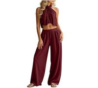 Générique Ensemble 2 Pièces Femme Haut Col Licou Sans Manches et Pantalon Large Taille Élastique Poches, Style Crop Top, Léger Fluide, Idéal Danse Plage Vacances